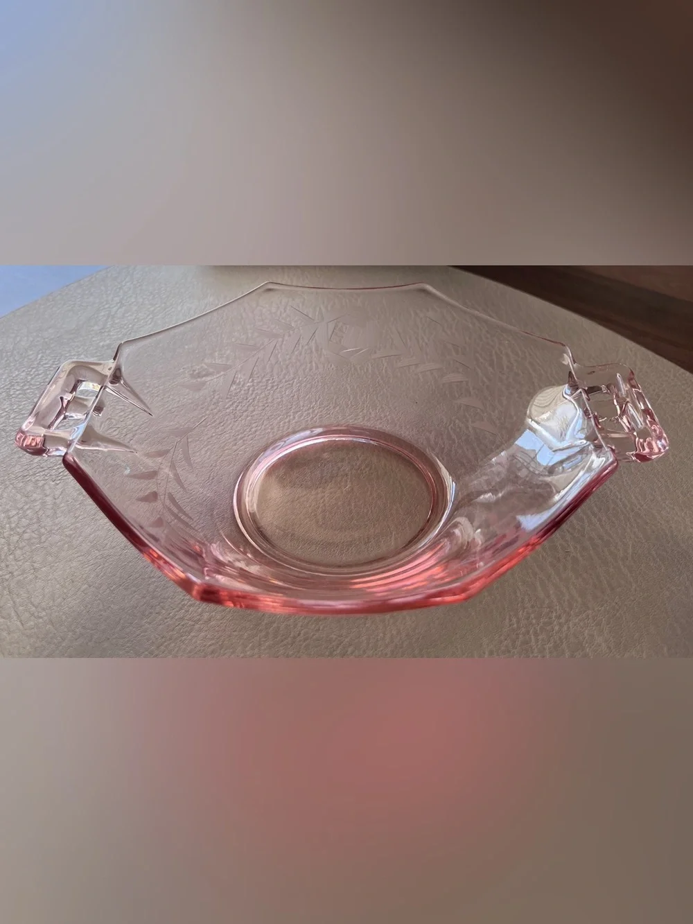Vintage Pink Depression Glass Etched Rose Octagon Bowl with Handles